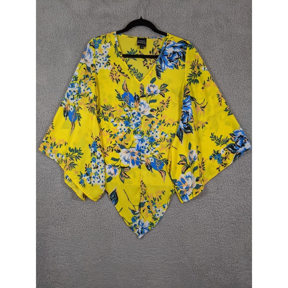 Coco Bianco Blouse Womens S Yellow Blue Floral Bell Sleeve Tie Front Boho Fairy